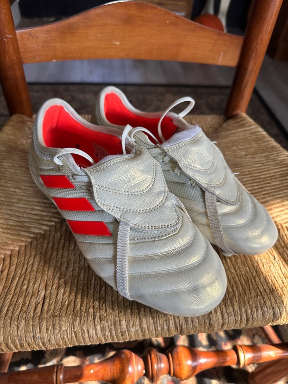 adidas Metallic white  Soccer Cleats with Bright orange Stripes